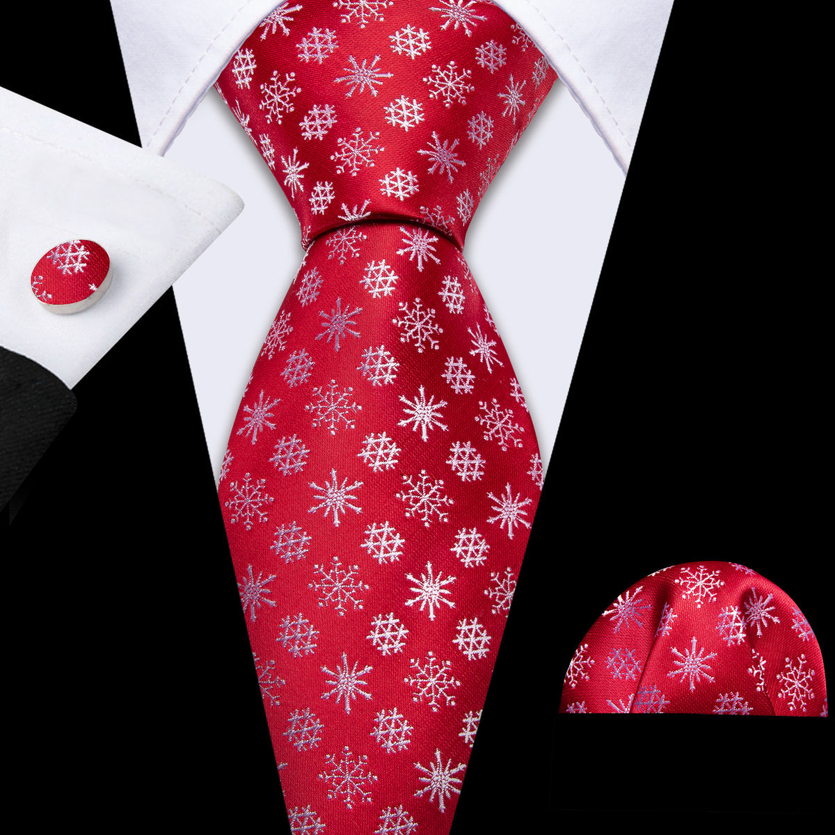 Crimson & White Snowflake Christmas Tie, Pocket Square, and Cufflinks Set tie sets - Sophisticated Gentlemen