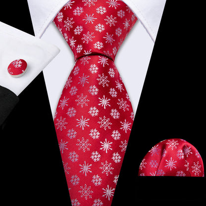 Crimson & White Snowflake Christmas Tie, Pocket Square, and Cufflinks Set tie sets - Sophisticated Gentlemen