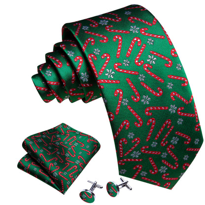 Forest Green & Crimson Candy Cane Christmas Tie, Pocket Square, and Cufflinks Set tie sets - Sophisticated Gentlemen
