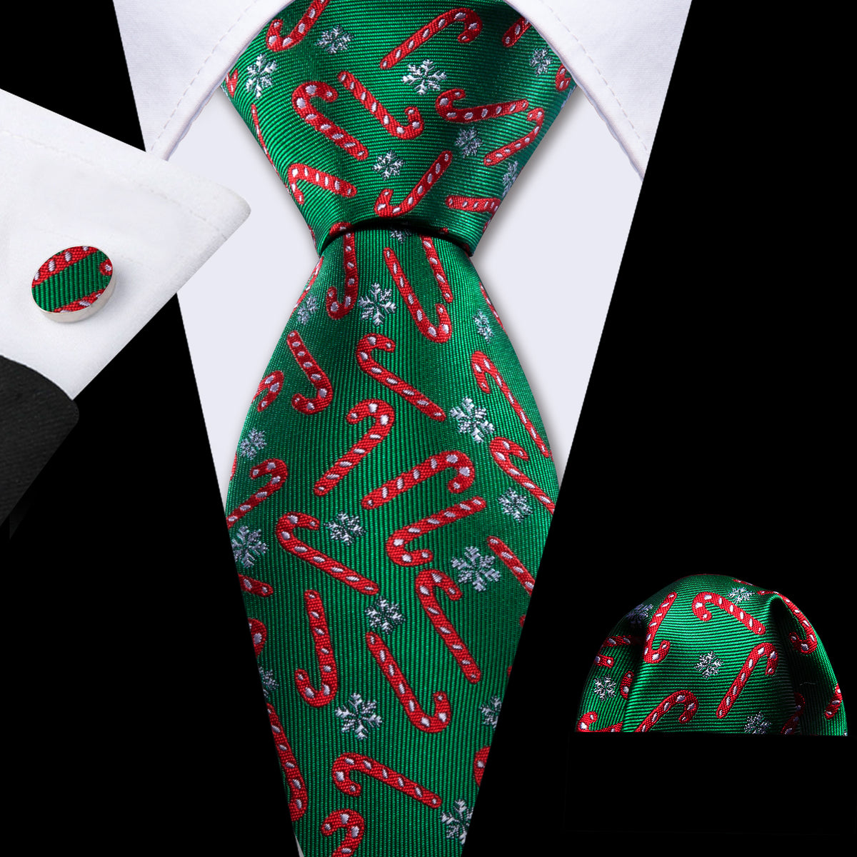 Forest Green & Crimson Candy Cane Christmas Tie, Pocket Square, and Cufflinks Set tie sets - Sophisticated Gentlemen