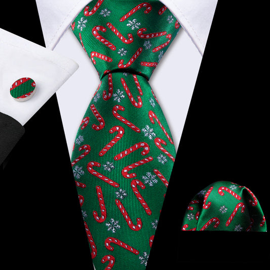 Forest Green & Crimson Candy Cane Christmas Tie, Pocket Square, and Cufflinks Set tie sets - Sophisticated Gentlemen