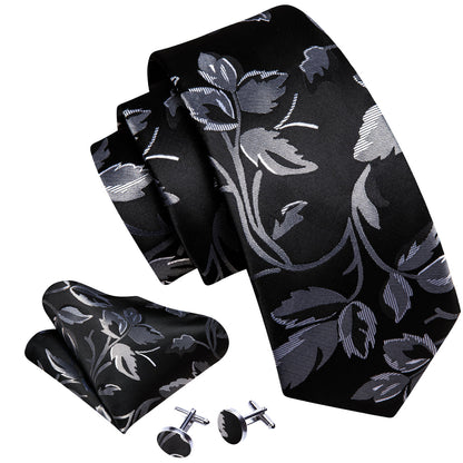 Black Silver Flower Floral Silk Tie, Pocket Square and Cufflinks Set tie sets    - Sophisticated Gentlemen