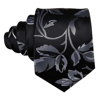 Black Silver Flower Floral Silk Tie, Pocket Square and Cufflinks Set tie sets    - Sophisticated Gentlemen