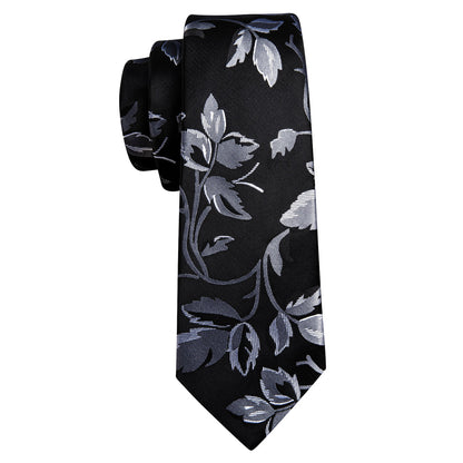 Black Silver Flower Floral Silk Tie, Pocket Square and Cufflinks Set tie sets    - Sophisticated Gentlemen
