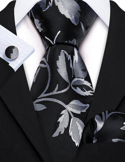 Black Silver Flower Floral Silk Tie, Pocket Square and Cufflinks Set tie sets    - Sophisticated Gentlemen