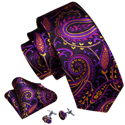 Black Purple Paisley Silk Tie, Pocket Square and Cufflinks Set tie sets    - Sophisticated Gentlemen