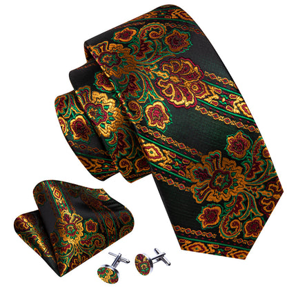 Black Gold Green Paisley Silk Tie, Pocket Square and Cufflinks Set tie sets    - Sophisticated Gentlemen