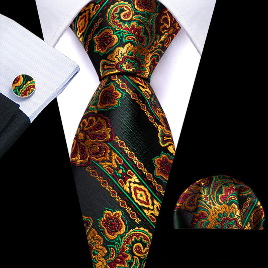 Black Gold Green Paisley Silk Tie, Pocket Square and Cufflinks Set tie sets    - Sophisticated Gentlemen