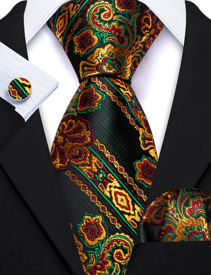 Black Gold Green Paisley Silk Tie, Pocket Square and Cufflinks Set tie sets    - Sophisticated Gentlemen