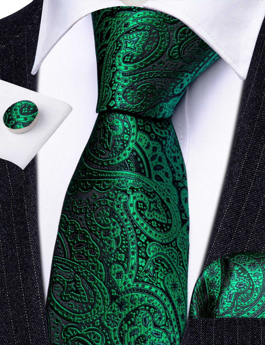 Green Paisley Silk Tie, Pocket Square and Cufflinks Set tie sets    - Sophisticated Gentlemen