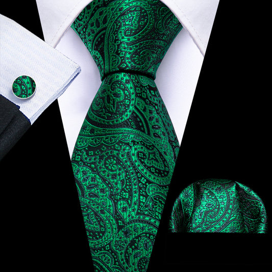 Green Paisley Silk Tie, Pocket Square and Cufflinks Set tie sets    - Sophisticated Gentlemen