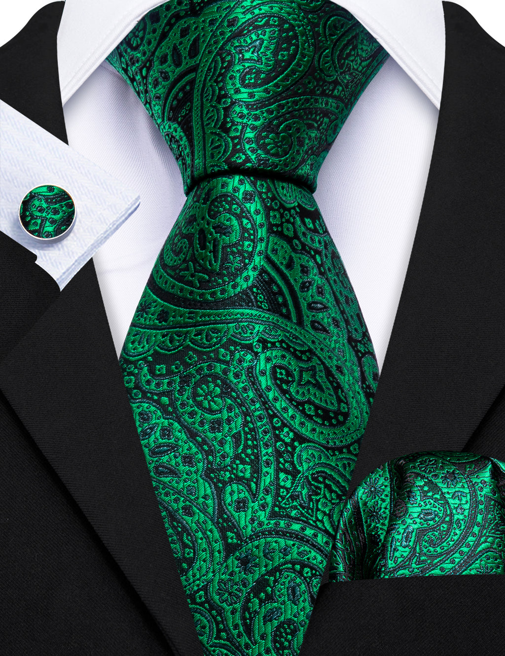 Green Paisley Silk Tie, Pocket Square and Cufflinks Set tie sets    - Sophisticated Gentlemen