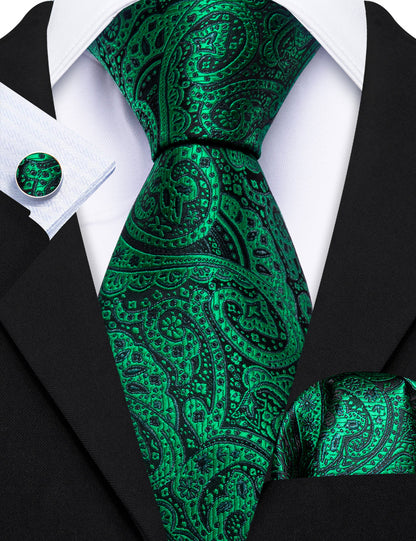 Green Paisley Silk Tie, Pocket Square and Cufflinks Set tie sets    - Sophisticated Gentlemen