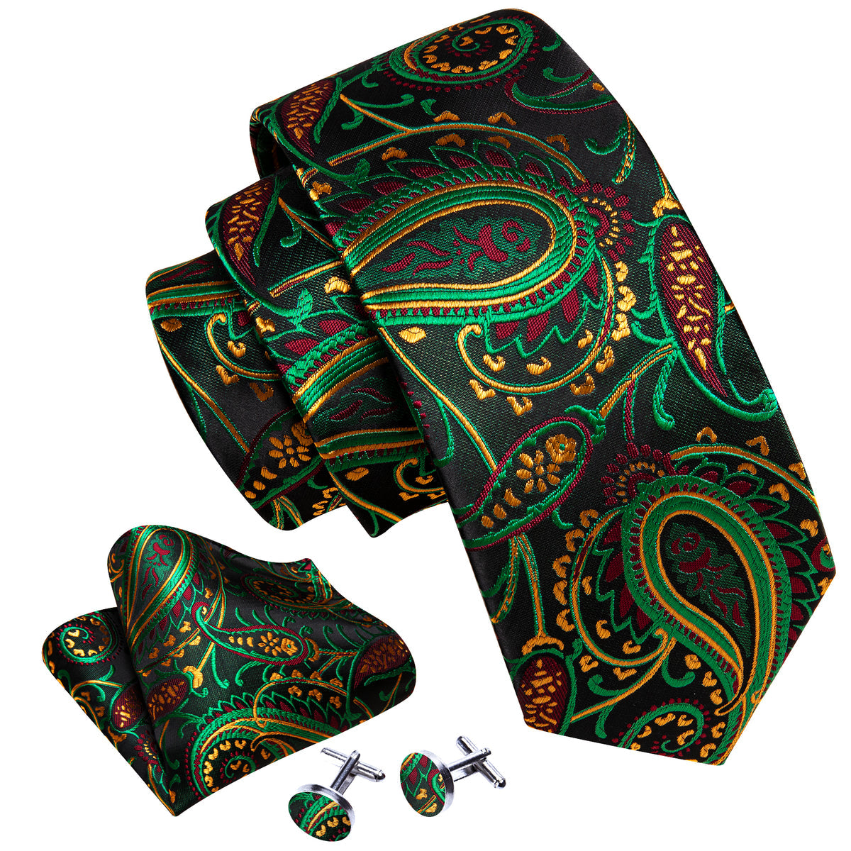 Black, Green and Yellow Paisley Silk Tie, Pocket Square and Cufflinks Set tie sets - Sophisticated Gentlemen
