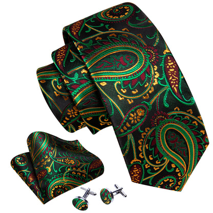Black, Green and Yellow Paisley Silk Tie, Pocket Square and Cufflinks Set tie sets - Sophisticated Gentlemen