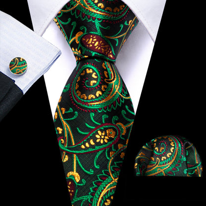 Black, Green and Yellow Paisley Silk Tie, Pocket Square and Cufflinks Set tie sets - Sophisticated Gentlemen