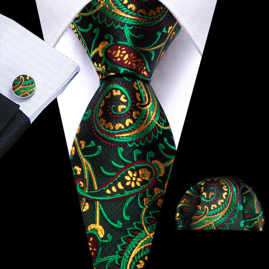 Black, Green and Yellow Paisley Silk Tie, Pocket Square and Cufflinks Set tie sets - Sophisticated Gentlemen