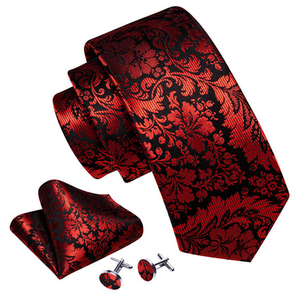 Red Black Paisley Silk Tie, Pocket Square and Cufflinks Set tie sets    - Sophisticated Gentlemen