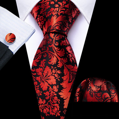 Red Black Paisley Silk Tie, Pocket Square and Cufflinks Set tie sets    - Sophisticated Gentlemen