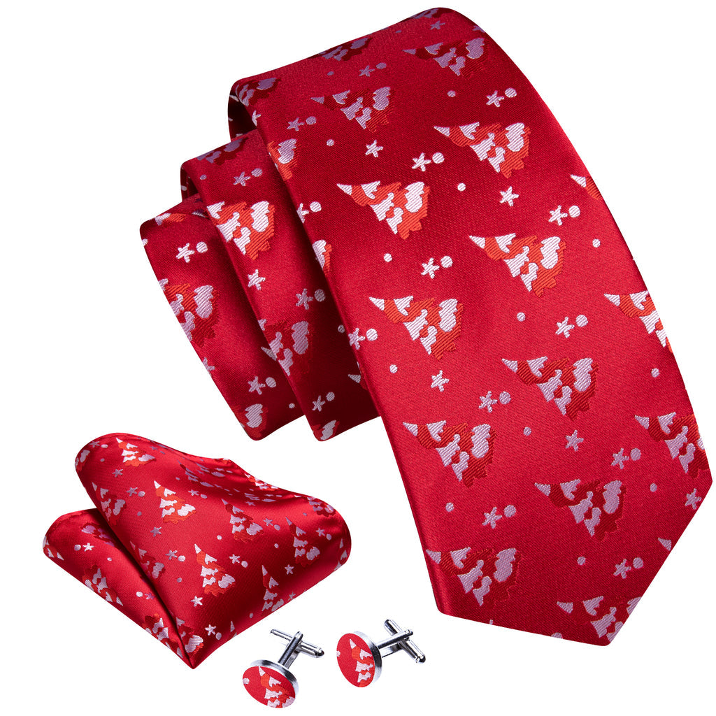 Scarlet Red & White Christmas Tree Tie, Pocket Square, and Cufflinks Set tie sets - Sophisticated Gentlemen