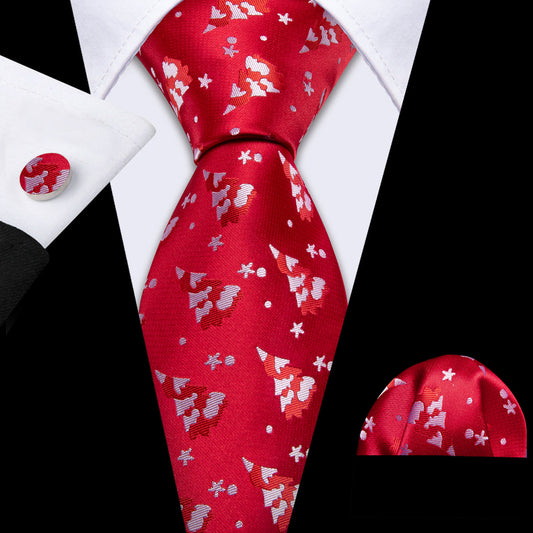 Scarlet Red & White Christmas Tree Tie, Pocket Square, and Cufflinks Set tie sets - Sophisticated Gentlemen