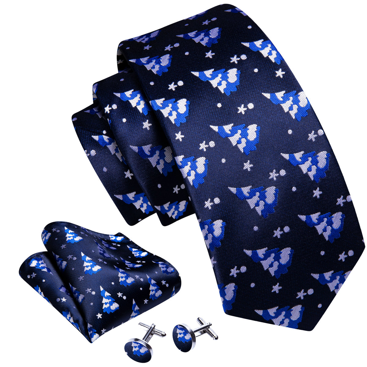 Azure Blue & White Christmas Tree Tie, Pocket Square, and Cufflinks Set tie sets - Sophisticated Gentlemen
