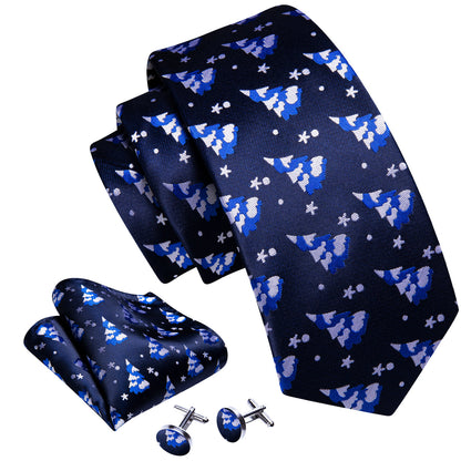 Azure Blue & White Christmas Tree Tie, Pocket Square, and Cufflinks Set tie sets - Sophisticated Gentlemen