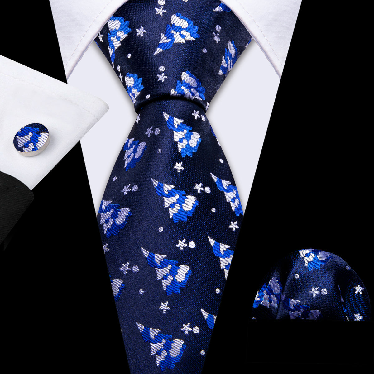Azure Blue & White Christmas Tree Tie, Pocket Square, and Cufflinks Set tie sets - Sophisticated Gentlemen