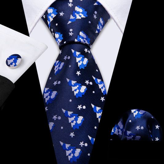 Azure Blue & White Christmas Tree Tie, Pocket Square, and Cufflinks Set tie sets - Sophisticated Gentlemen