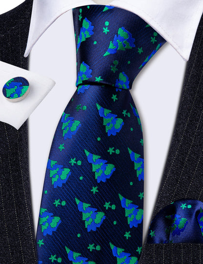 Blue Green Christmas Tree Tie, Pocket Square and Cufflinks Set tie sets    - Sophisticated Gentlemen