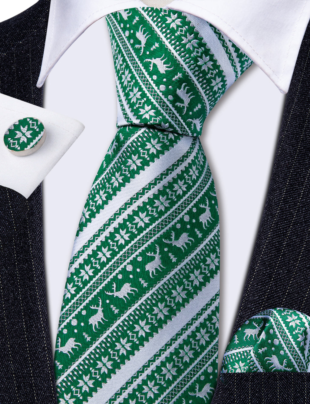 Green White Christmas Elk Striped Tie, Pocket Square and Cufflinks Set tie sets    - Sophisticated Gentlemen