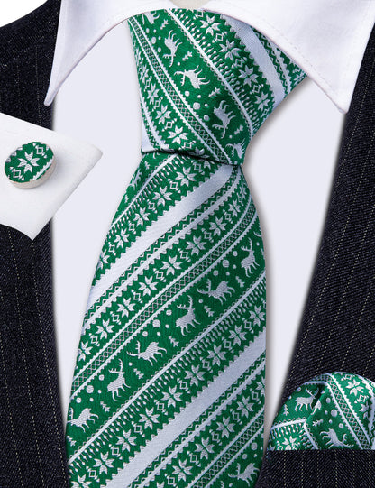 Green White Christmas Elk Striped Tie, Pocket Square and Cufflinks Set tie sets    - Sophisticated Gentlemen
