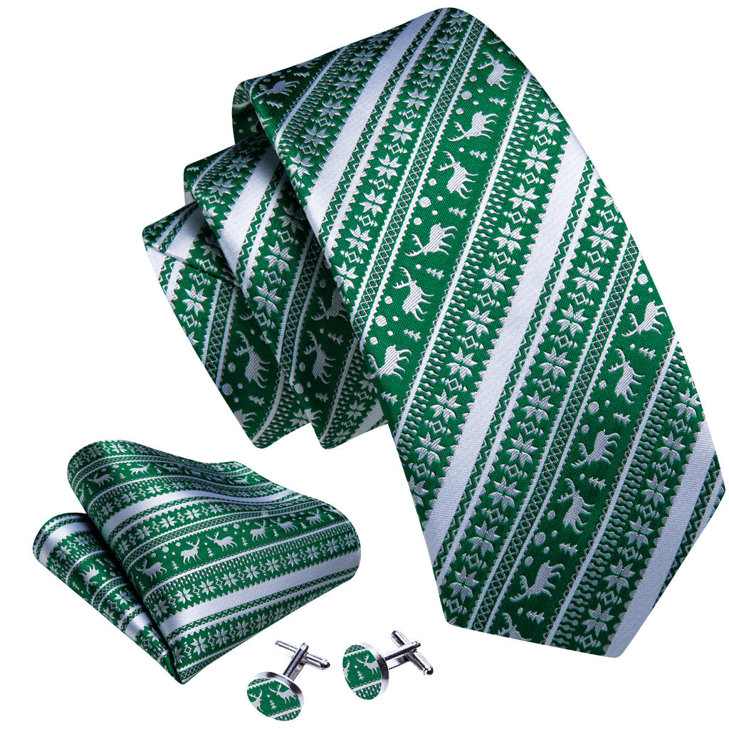 Green White Christmas Elk Striped Tie, Pocket Square and Cufflinks Set tie sets    - Sophisticated Gentlemen