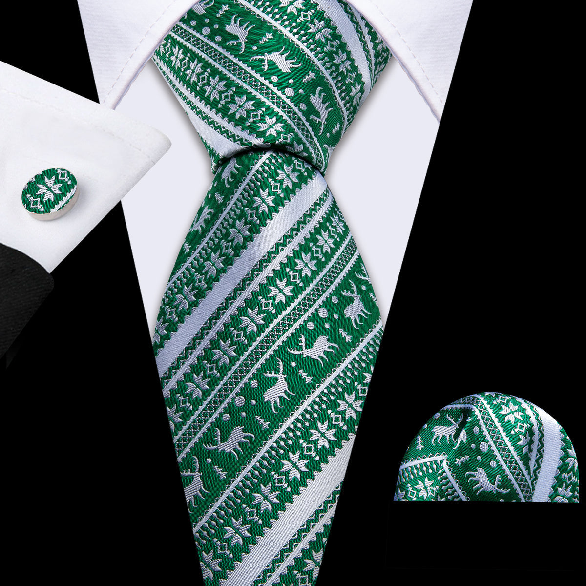 Green White Christmas Elk Striped Tie, Pocket Square and Cufflinks Set tie sets    - Sophisticated Gentlemen