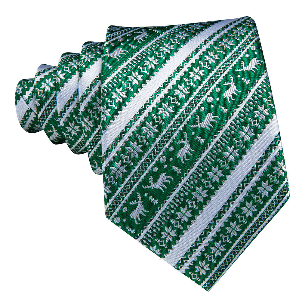 Green White Christmas Elk Striped Tie, Pocket Square and Cufflinks Set tie sets    - Sophisticated Gentlemen