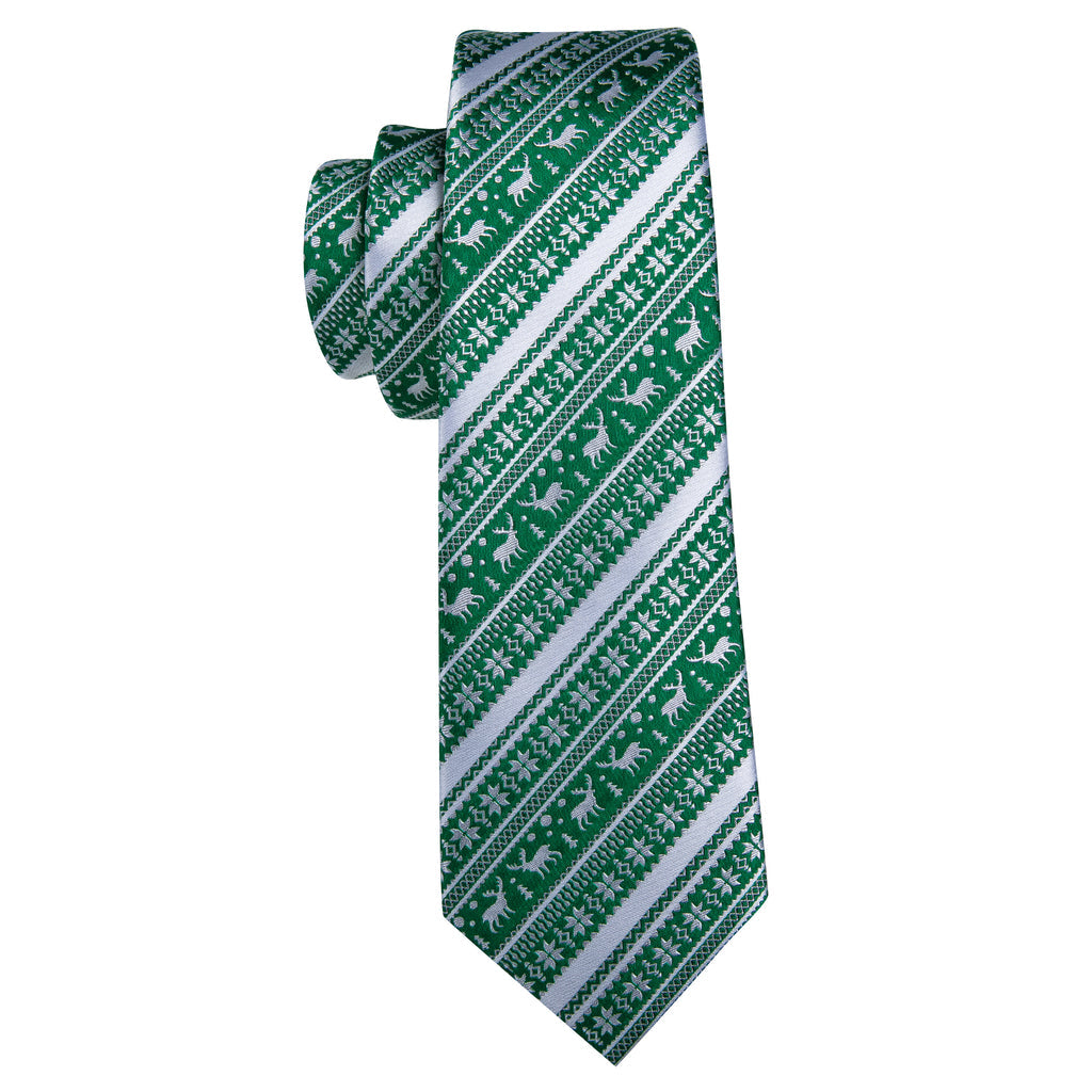 Green White Christmas Elk Striped Tie, Pocket Square and Cufflinks Set tie sets    - Sophisticated Gentlemen