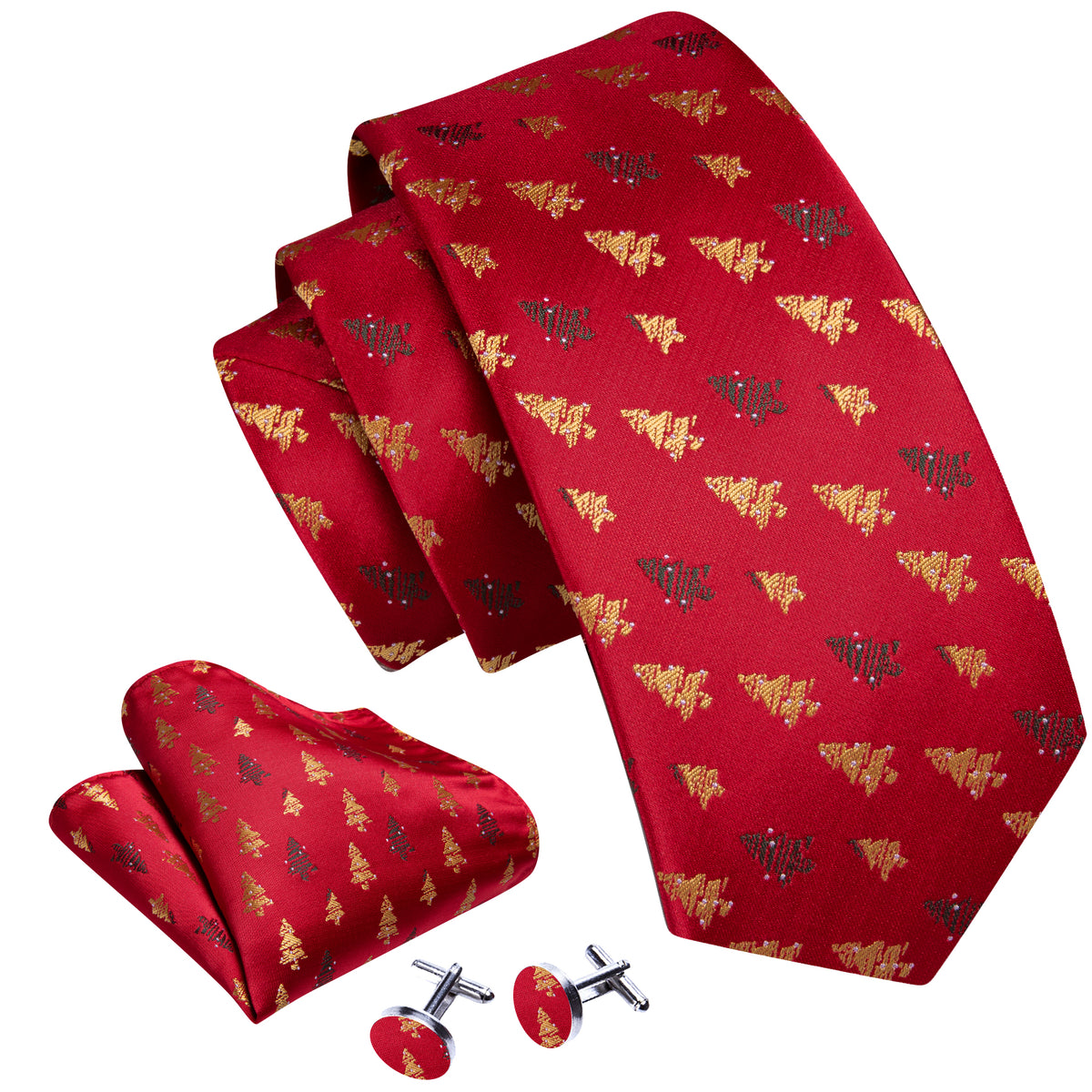 Crimson & Gold Christmas Tree Jacquard Tie, Pocket Square, and Cufflinks Set tie sets - Sophisticated Gentlemen