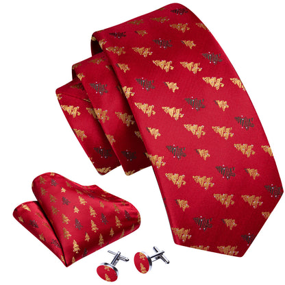 Crimson & Gold Christmas Tree Jacquard Tie, Pocket Square, and Cufflinks Set tie sets - Sophisticated Gentlemen