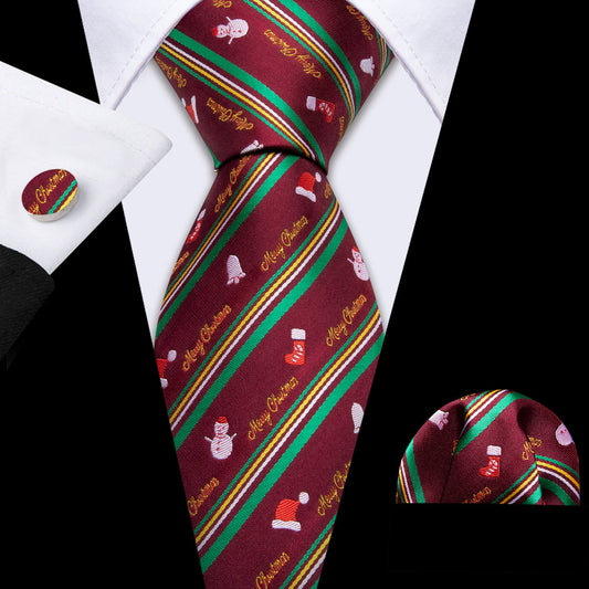 Claret Red Festive Merry Christmas Tie, Pocket Square, and Cufflinks Set tie sets - Sophisticated Gentlemen