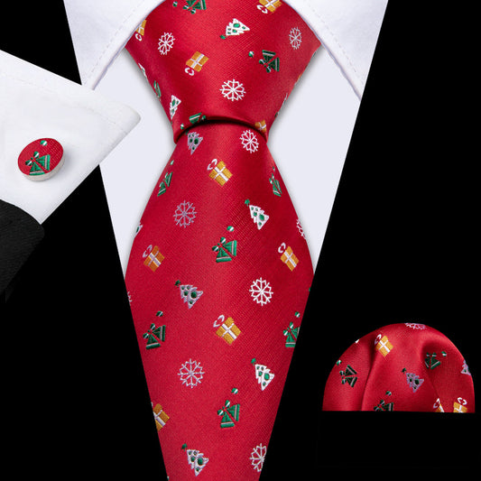 Red Christmas Pattern Tie, Pocket Square and Cufflinks Set tie sets    - Sophisticated Gentlemen