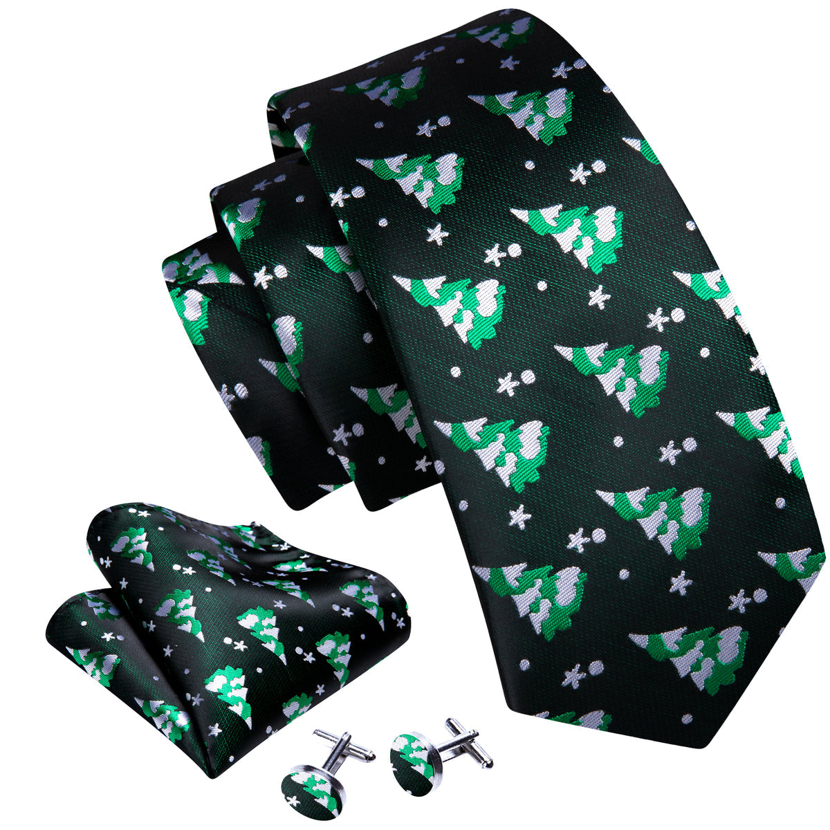 Forest Green & Winter White Christmas Tree Silk Tie, Pocket Square, and Cufflinks Set tie sets - Sophisticated Gentlemen