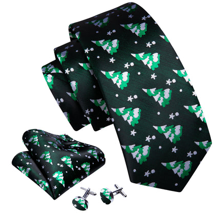 Forest Green & Winter White Christmas Tree Silk Tie, Pocket Square, and Cufflinks Set tie sets - Sophisticated Gentlemen
