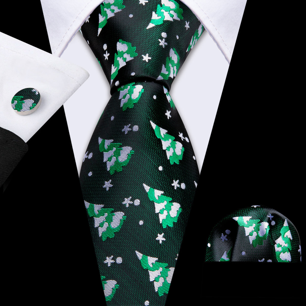Forest Green & Winter White Christmas Tree Silk Tie, Pocket Square, and Cufflinks Set tie sets - Sophisticated Gentlemen
