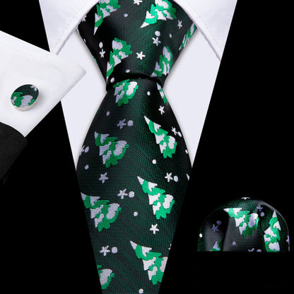 Forest Green & Winter White Christmas Tree Silk Tie, Pocket Square, and Cufflinks Set tie sets - Sophisticated Gentlemen