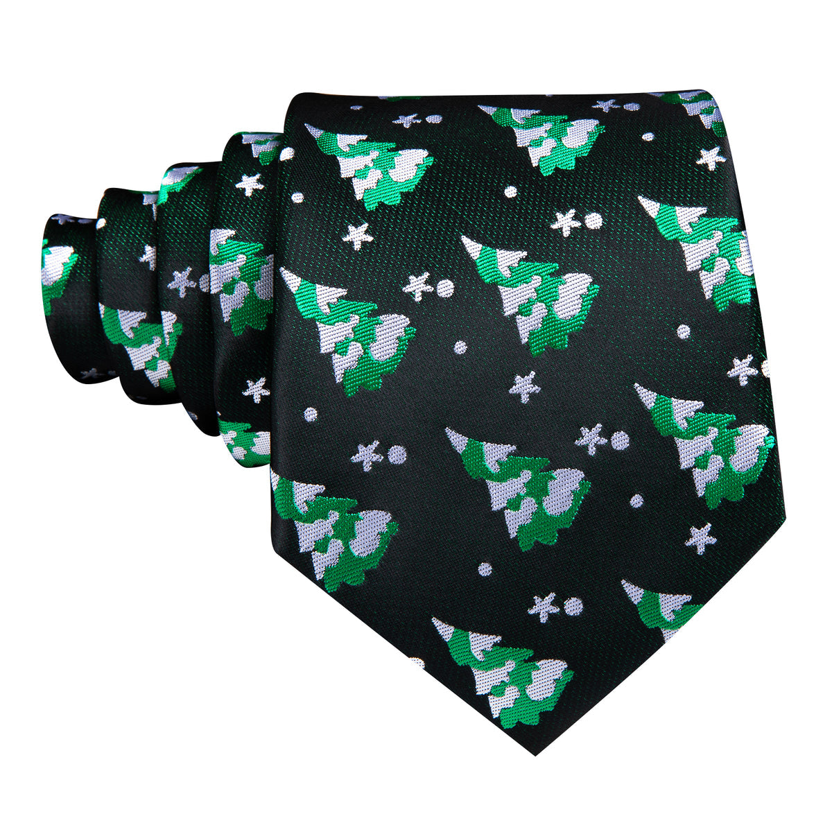 Forest Green & Winter White Christmas Tree Silk Tie, Pocket Square, and Cufflinks Set tie sets - Sophisticated Gentlemen