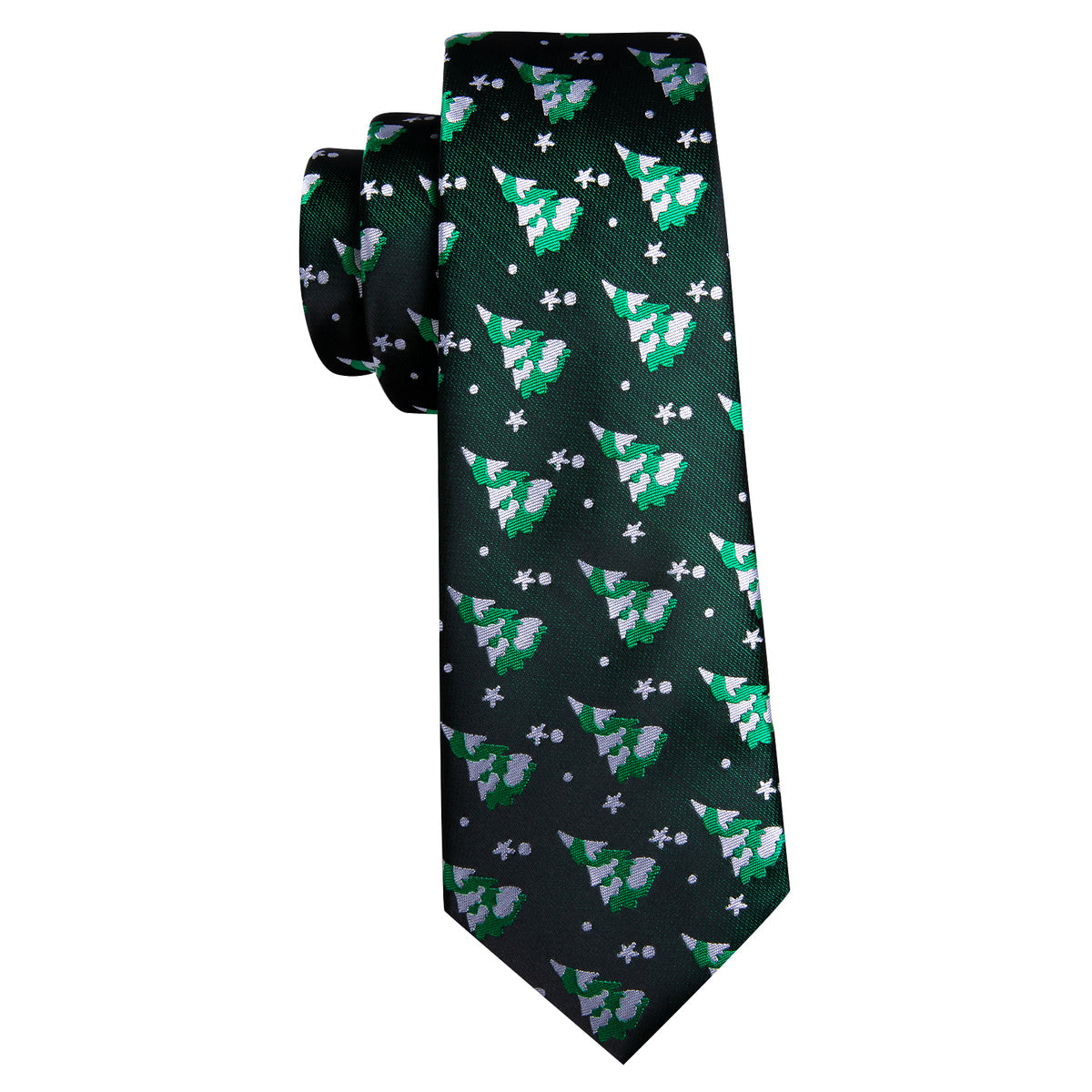 Forest Green & Winter White Christmas Tree Silk Tie, Pocket Square, and Cufflinks Set tie sets - Sophisticated Gentlemen