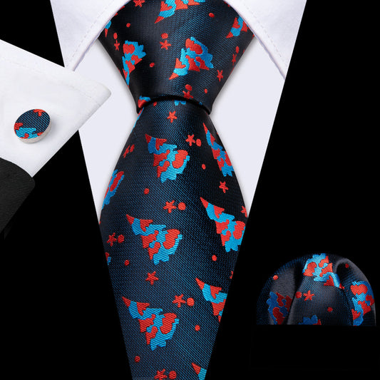 Blue & Red Christmas Jacquard Silk Tie, Pocket Square, and Cufflinks Set tie sets - Sophisticated Gentlemen