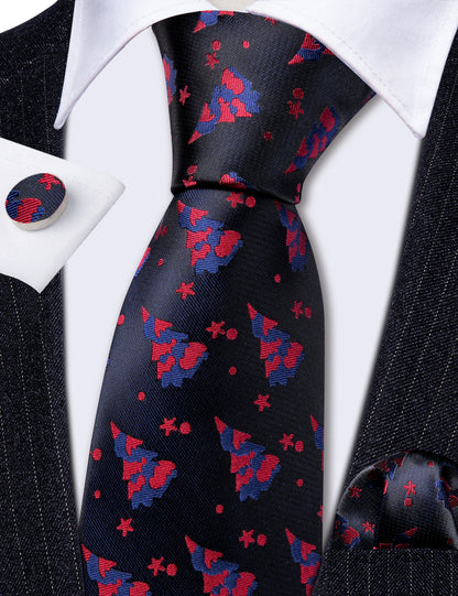 Black Red Christmas Jacquard Tie, Pocket Square and Cufflinks Set tie sets    - Sophisticated Gentlemen