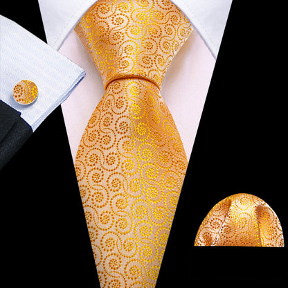 Gold Yellow Floral Silk Tie, Pocket Square and Cufflinks Set tie sets    - Sophisticated Gentlemen