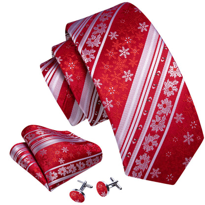 Crimson & Snow White Christmas Snowflake Silk Tie, Pocket Square, and Cufflinks Set tie sets - Sophisticated Gentlemen